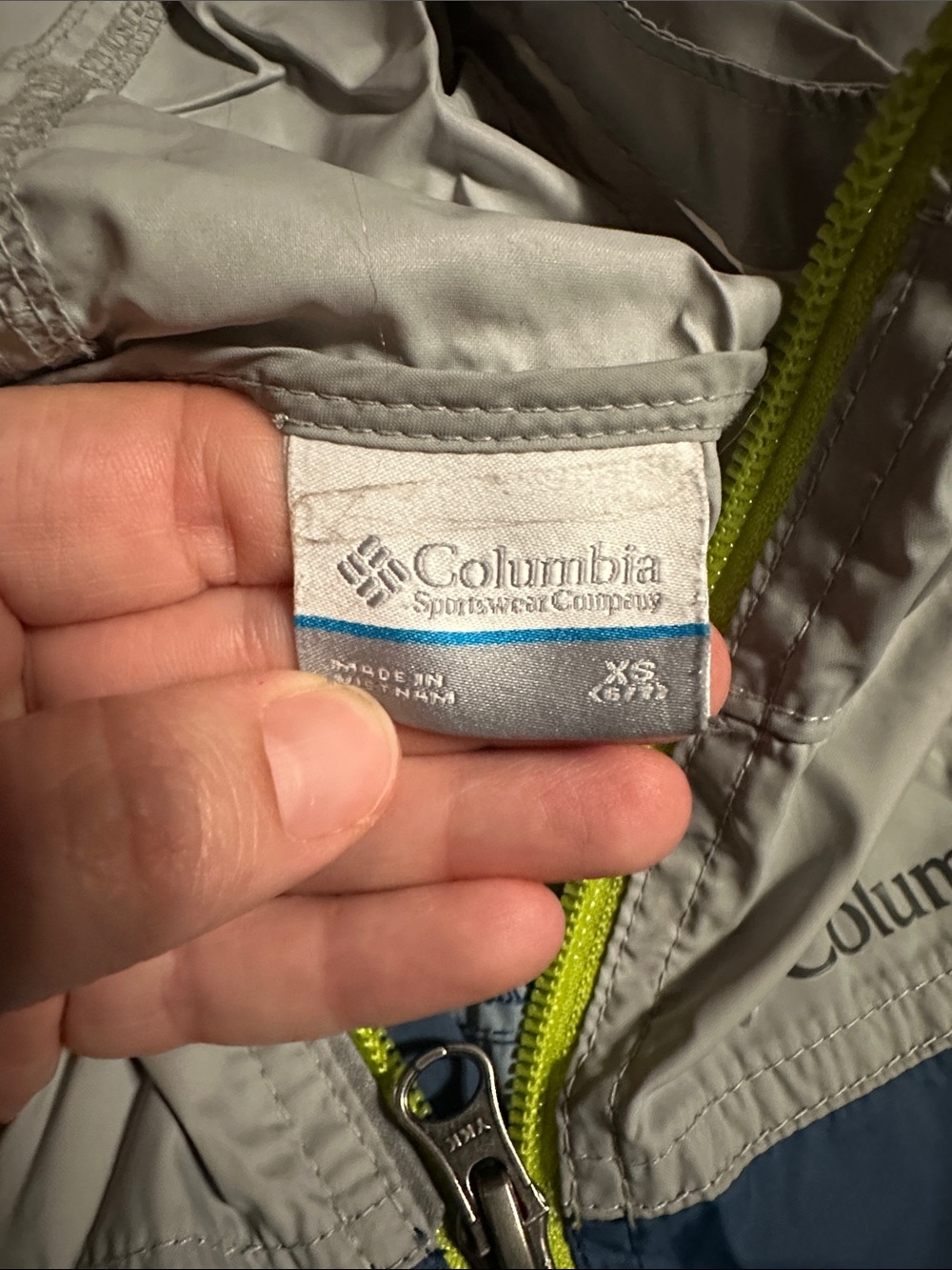 Columbia Kids Two-Tone Blue and Light Gray Hooded Rain Jacket with Neon Zipper - Picture 3 of 4